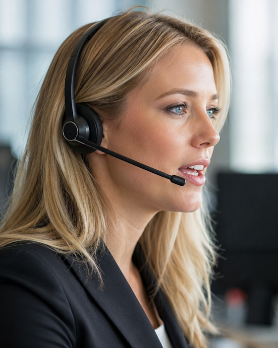 Woman wearing a telephone headset